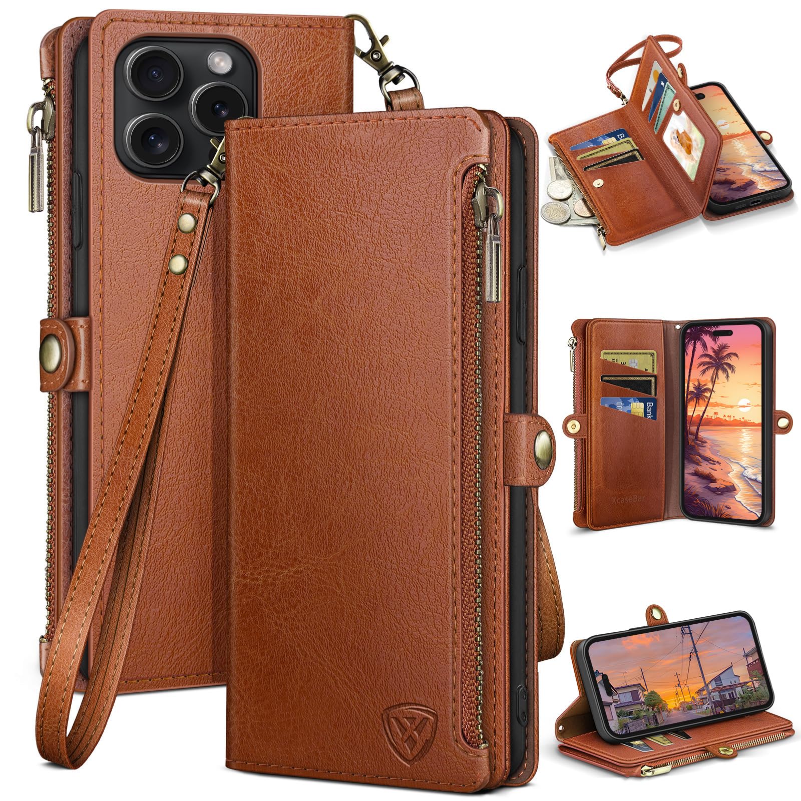 Photo 1 of XcaseBar for iPhone 14 Pro 6.1" Wallet case with ?RFID Blocking? Zipper Credit Card Holder, Flip Folio Book PU Leather Phone case Shockproof Cover Women Men for Apple 14Pro case Light Brown