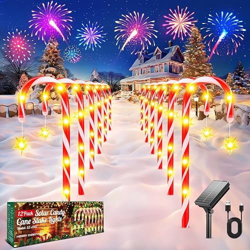 12 Pack Upgraded Solar Candy Cane Lights Outdoor, Christmas Decorations Outdoor, Solar Christmas Pathway Lights, IP65 Waterproof with USB Charging 10 Modes for Yard Garden Lawn Path Party Xmas Decor