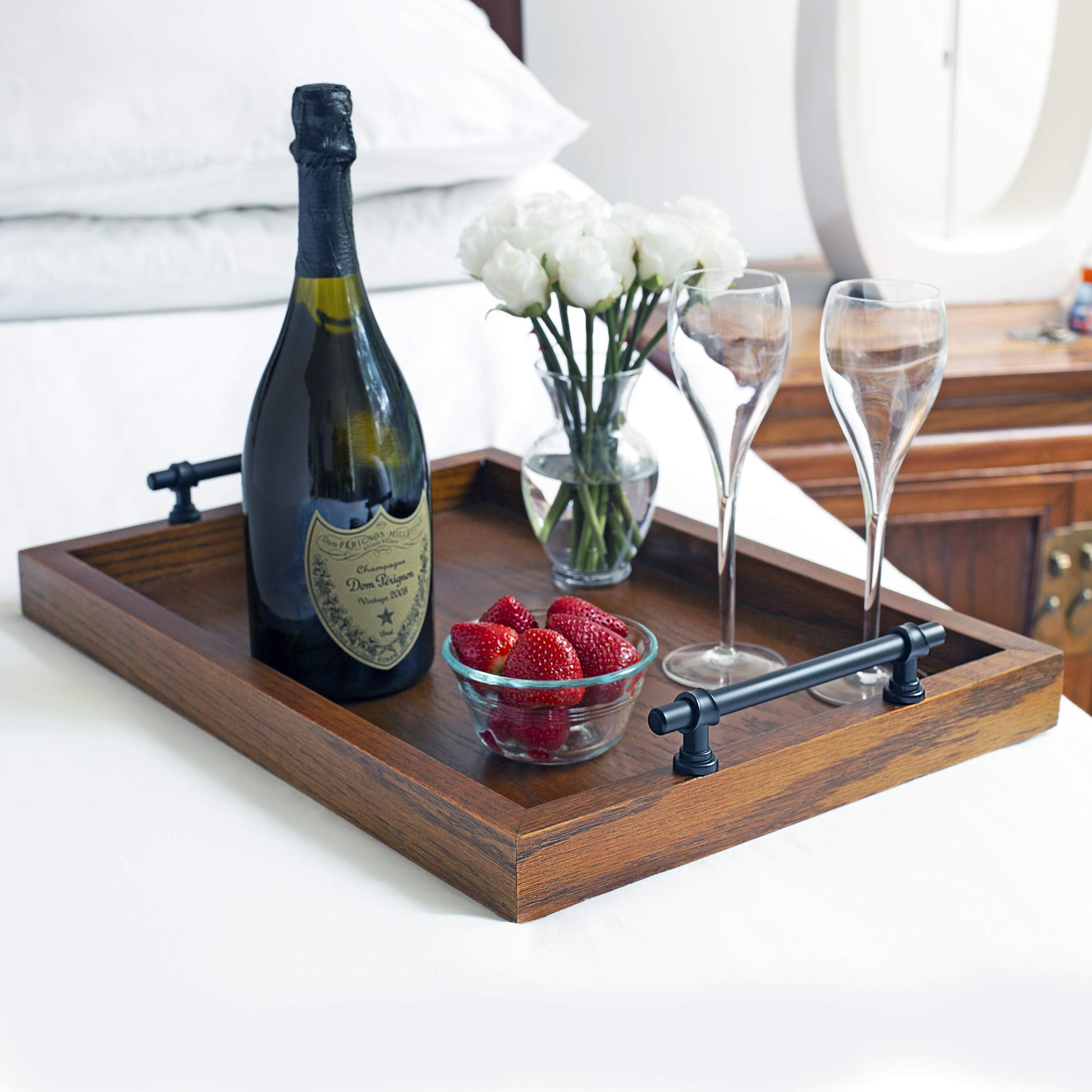 Wooden Serving Tray with Handles - Ottoman Tray, Wood Butler Platters, Perfect for Serving, Wine, Coffee, Tea, Candles and Planters - 18 L x 13 W x 1.5 H Inches - Solid Oak, Cherry, 1 Piece 