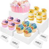 BreeziiDesign 8&rdquo; Buffet Risers with Mini Signs, Buffet Table Risers and Stands, Acrylic Cube Display Box for Catering Party Table Food Display, Dessert, Cakes - White, Set of 4 Boxes (4 Pack)