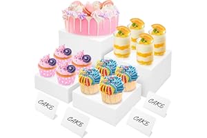 BreeziiDesign 8” White Buffet Risers with Mini Signs – Acrylic Display Box Stands for Party, Catering, Dessert, Cake, and Food Table Setup – Set of 4