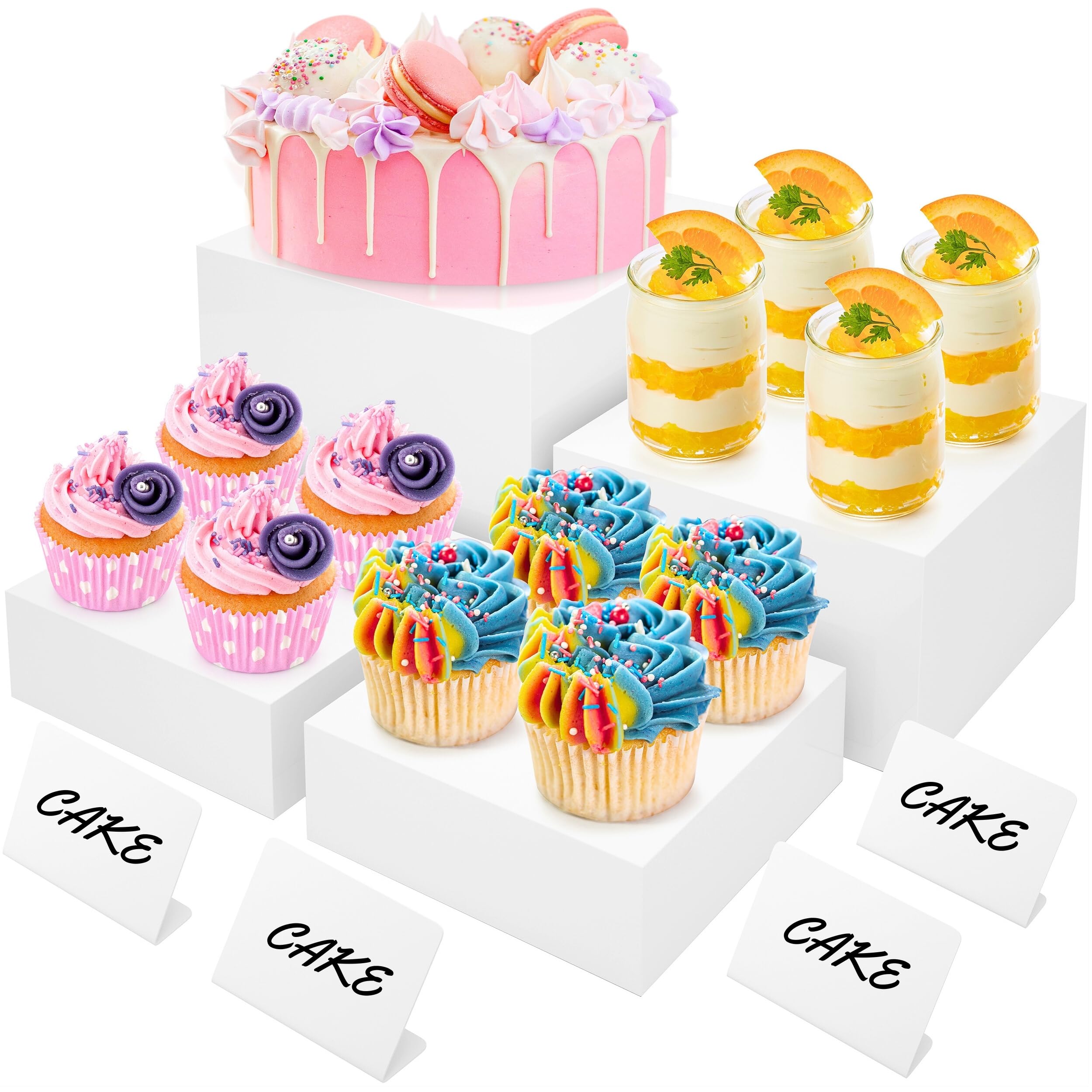 Photo 1 of BreeziiDesign 8” White Buffet Risers with Mini Signs – Acrylic Display Box Stands for Party, Catering, Dessert, Cake, and Food Table Setup – Set of 4