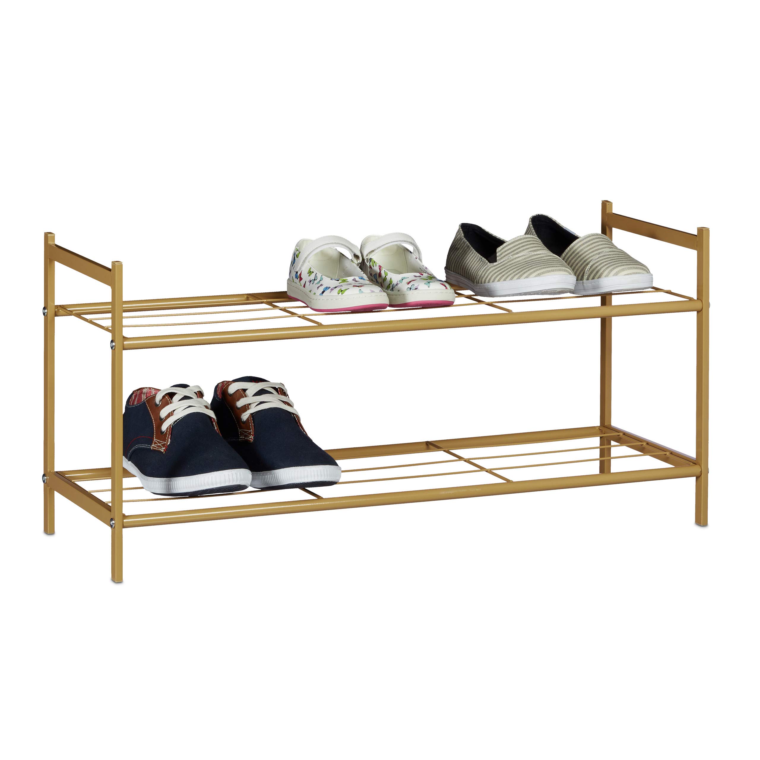 Relaxdays Shoe Rack SANDRA 2 Shelves, Metal Storage Unit, 33.5 x 69.5 x 26 cm, 6 Pairs of Shoes, Light Brown