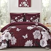 DHSFKBE Floral Comforter Set Queen Size, 7 Pieces Burgundy Bed in a Bag, Elegant Floral Butterfly Comforter and Sheet Set, Soft Microfiber Bedding Set for All Seasons(Burgundy,90"x90")