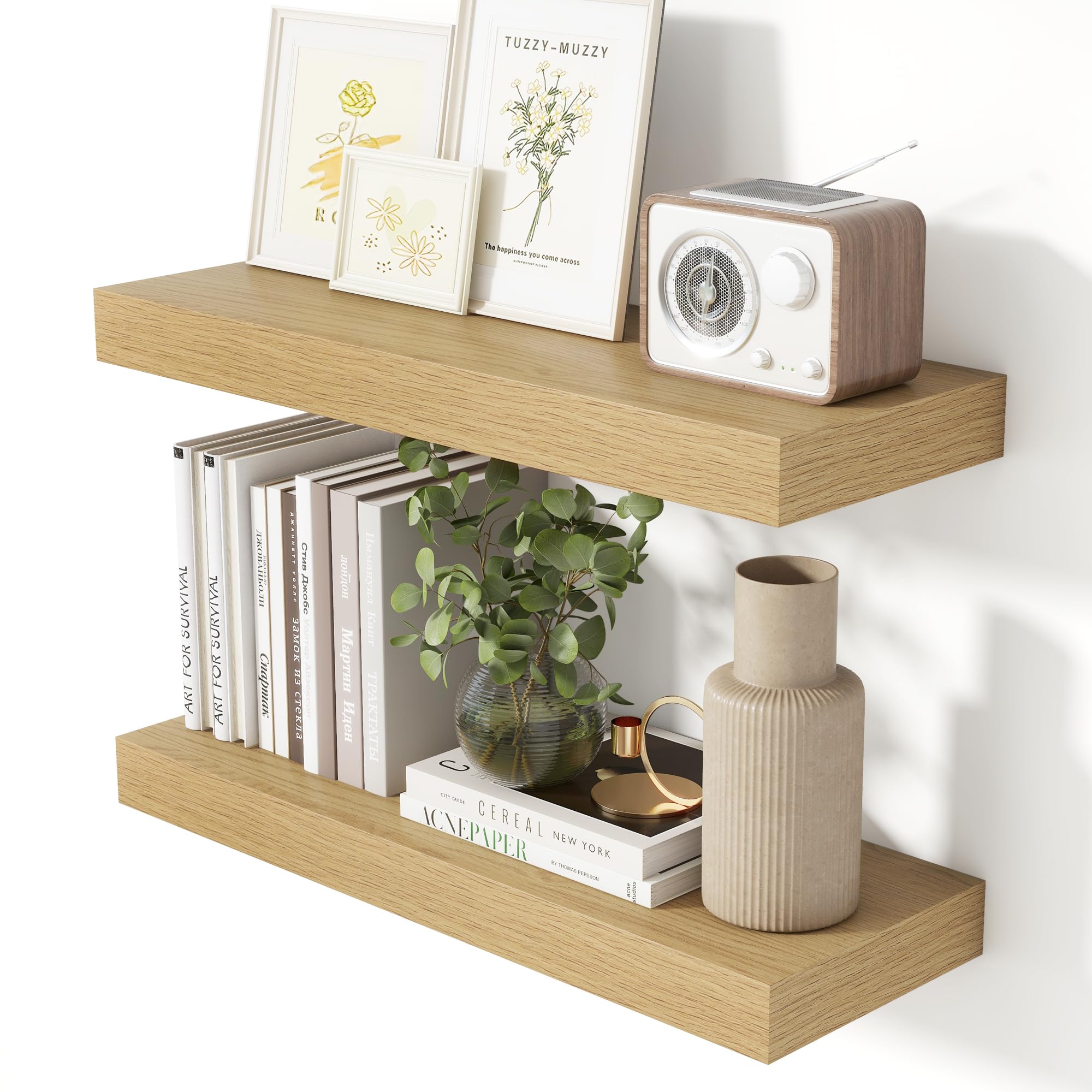 Heimlove 24 Inch Floating Shelves for Wall Oak Shelves Set of 2,Wall Mounted Rustic Wood 8 Inch Deep Floating Shelf with Invisible Brackets for Bedroom Kitchen Living Room