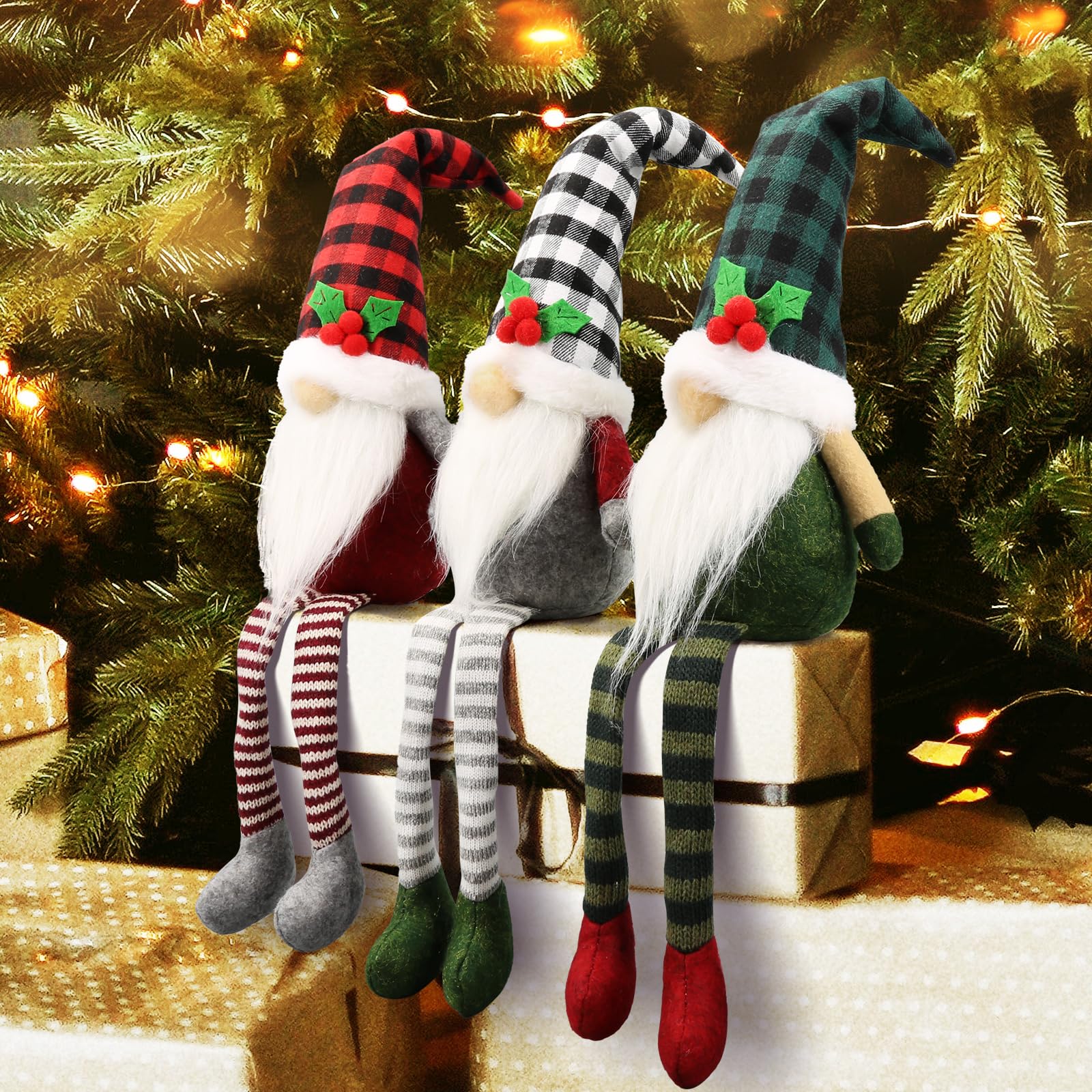 View 1 of ***MISSING GREEN GNOME*** Teeker 3Pcs Christmas Gnomes Plush - Xmas Gnomes Santa Scandinavian Tomte Ornaments - Buffalo Check Plaid Christmas Doll - Xmas Decorations for Home, Office, Indoor for Women, Gnomes Lovers