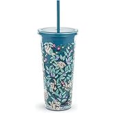 Vera Bradley Travel Tumbler with Lid and Straw, 24 Ounce Insulated Cup, Plastic Double Wall Tumbler, Hanging Around (Sloths)