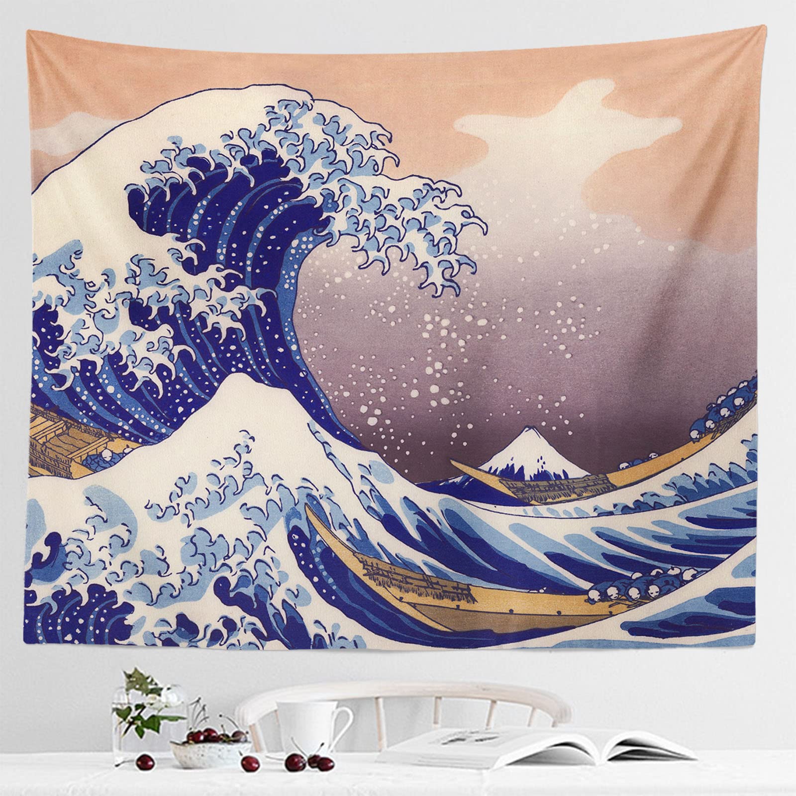 IcosaMro Wave Tapestry Wall Hanging - Hokusai Wall Art with Hemmed Edges, Ocean Sea Wall Blanket Home Decor for Bedroom College Dorm, (The Great Wave Off Kanagawa, 51x60), Orange