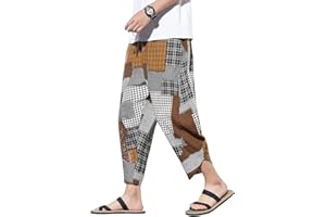 DOSLAVIDA Men's Casual Elastic Waist Linen Capri Pants Wide Leg Baggy Cotton Harem Yoga Trousers Loose Patchwork Short