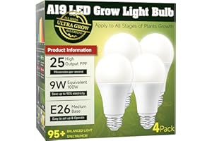 LEDERA Grow Light Bulbs, LED Grow Light Bulbs Full Spectrum, A19 Plant Light Bulbs 100W Equivalent, E26 Base, 9W Grow Lamp Bulbs 5000K for Indoor Plants, Seed Starting, Flowers, Greenhouse, 4-Pack