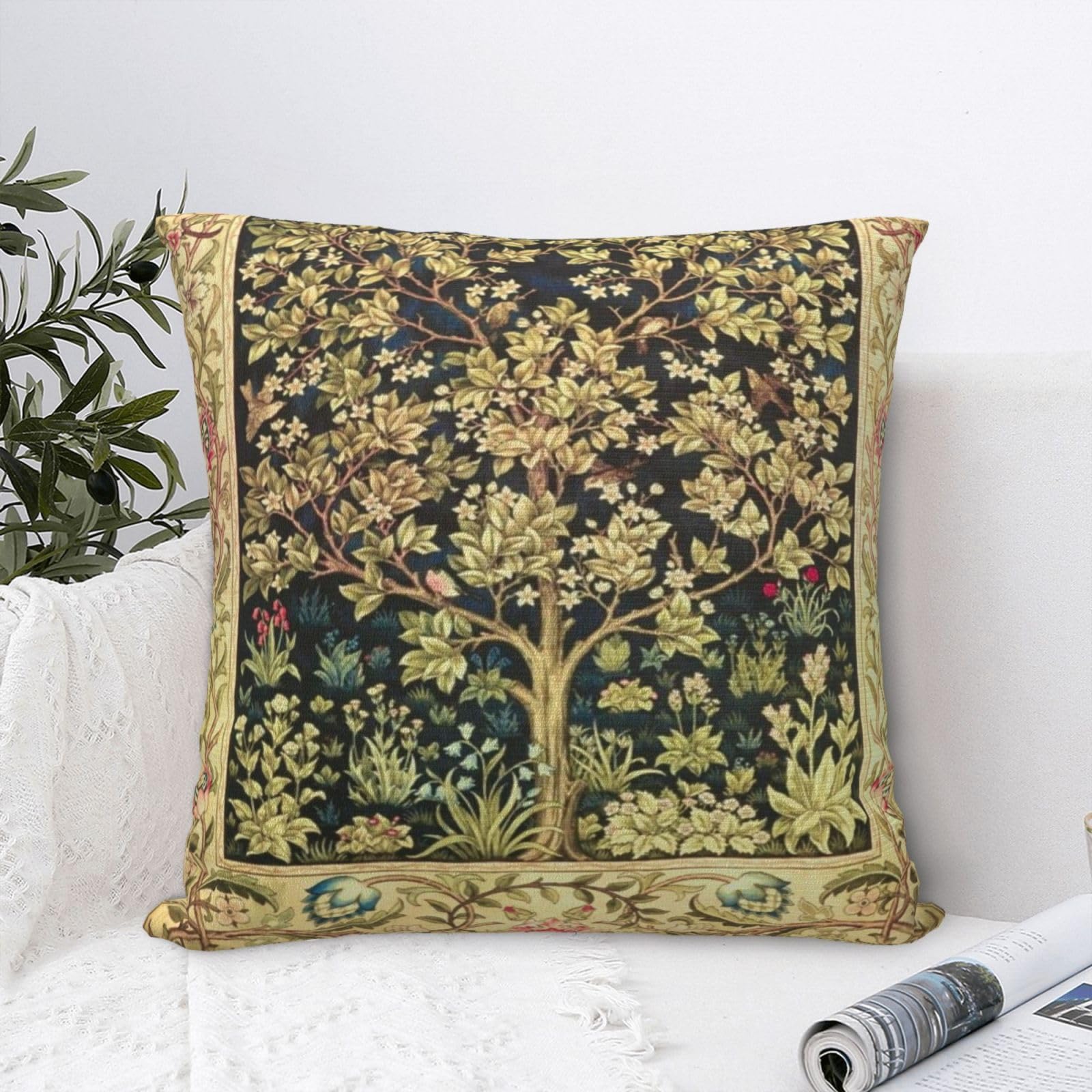 Tree William Morris Greenery Forest Animals Pheasant Fox Blue Green Floral Decorative Throw Pillow Covers 18x18 inch Cozy Soft Pillowcase Aesthetic Cushion Cover for Home Decor Sofa Living Room โ image 1