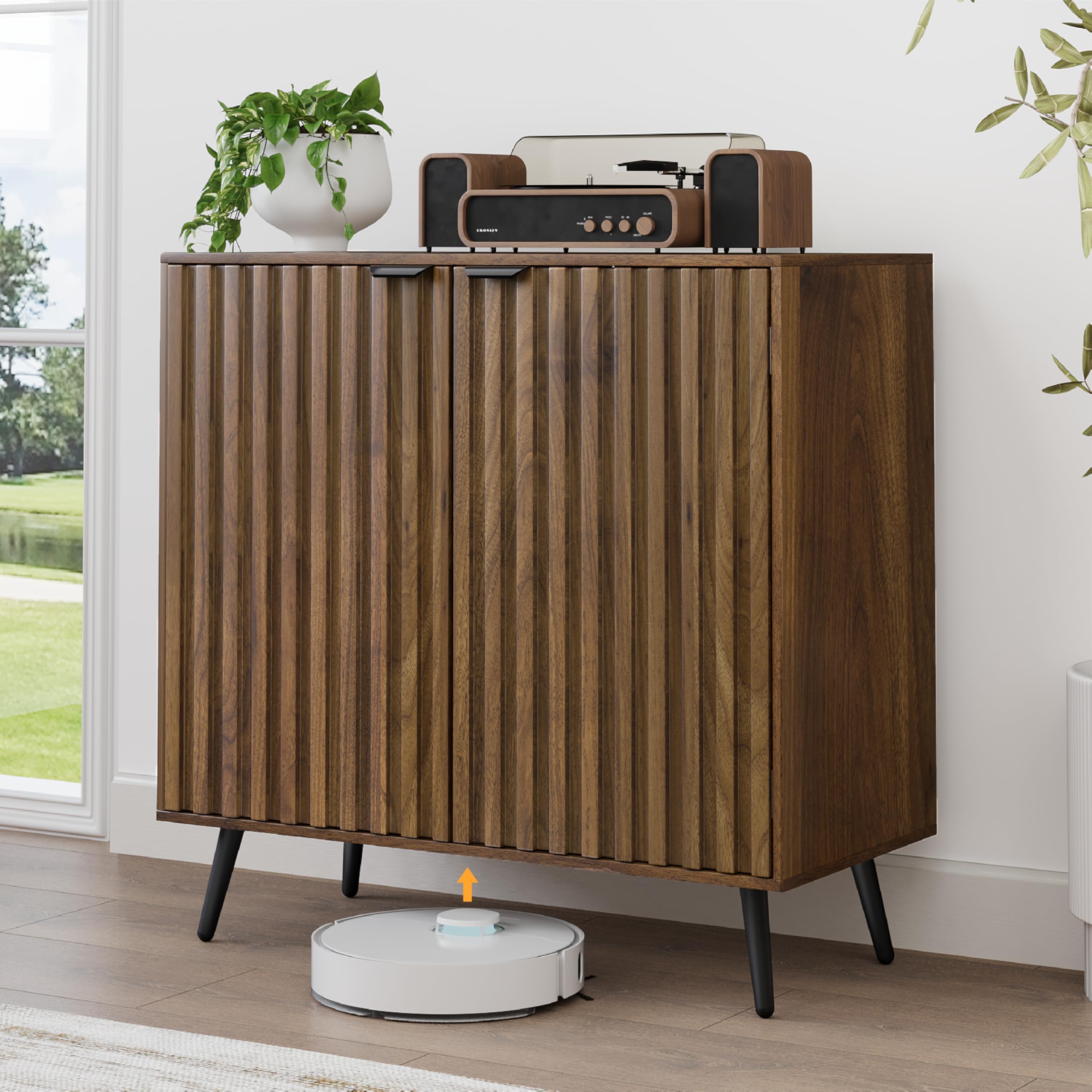 Photo 1 of Smuxee Fluted Sideboard Cabinet, Freestanding Walnut Buffet Cabinet with Adjustable Shelf, Wood Storage Cabinet for Living Room, Entryway, Hallway