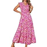 Seta T Women's Summer Dresses Casual Cap Sleeve V Neck Smocked Floral Ruffle Tiered Flowy Beach Maxi Dress