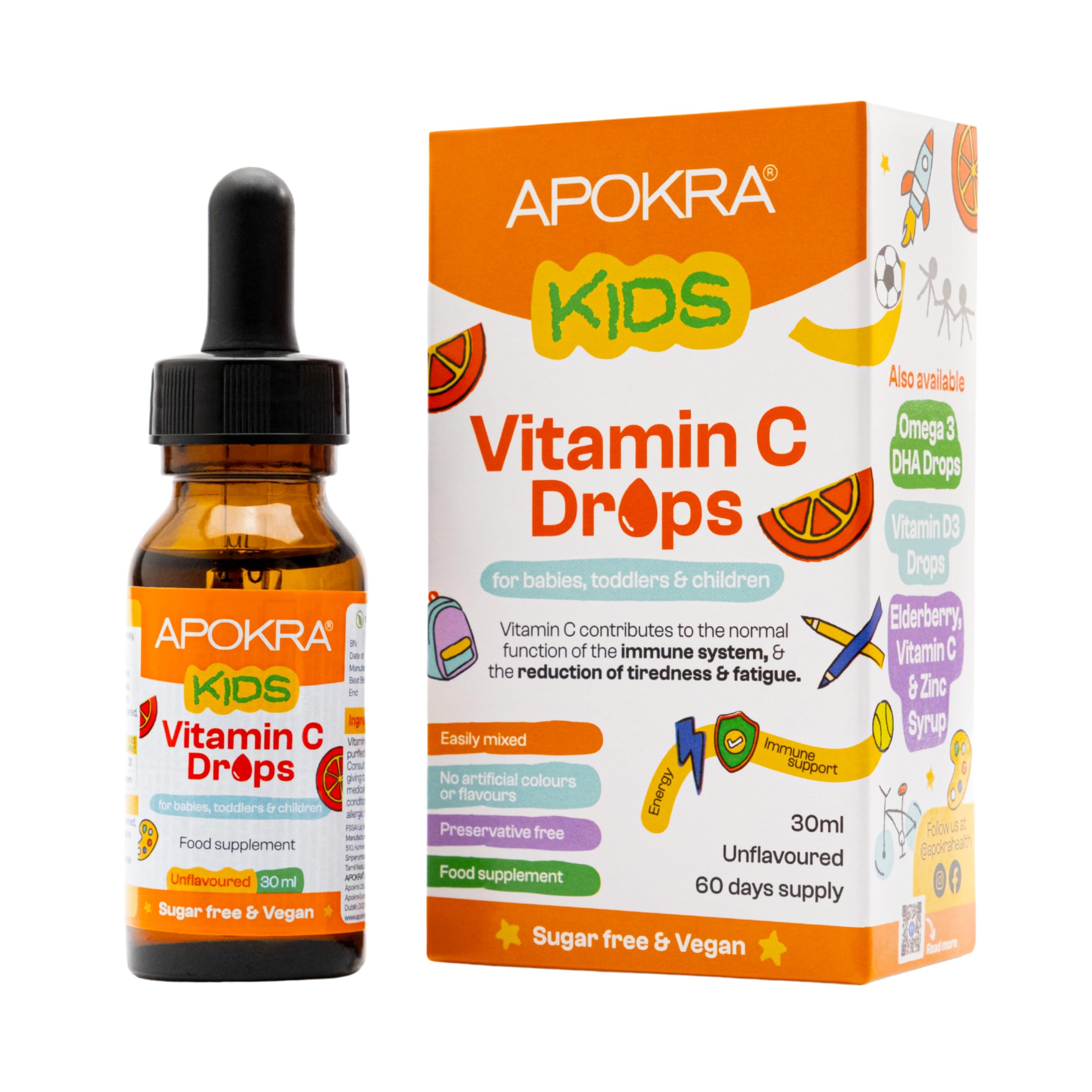 Vitamin C Drops - Vegan - 60 Days Supply – 30mL – Preservative Free and Sugar Free Vitamin C for Kids - VIT C 25mg per 0.5mL | APOKRA Kids