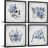 KREATIVE ARTS 4-Piece Gothic Skull Canvas Wall Art Set with Black Frame, 12x12 Each, Grey and Blue Floral Skeleton Anatomy Prints Framed Artwork Ready to Hang