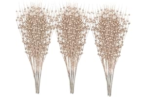 5th LILY 24 PCS Artificial Glitter Holly Berry Stem Ornaments Berry Picks Branches Glittery Bead Sticks for Christmas Tree Decorations Wreath Vase and Home Decor,Champagne