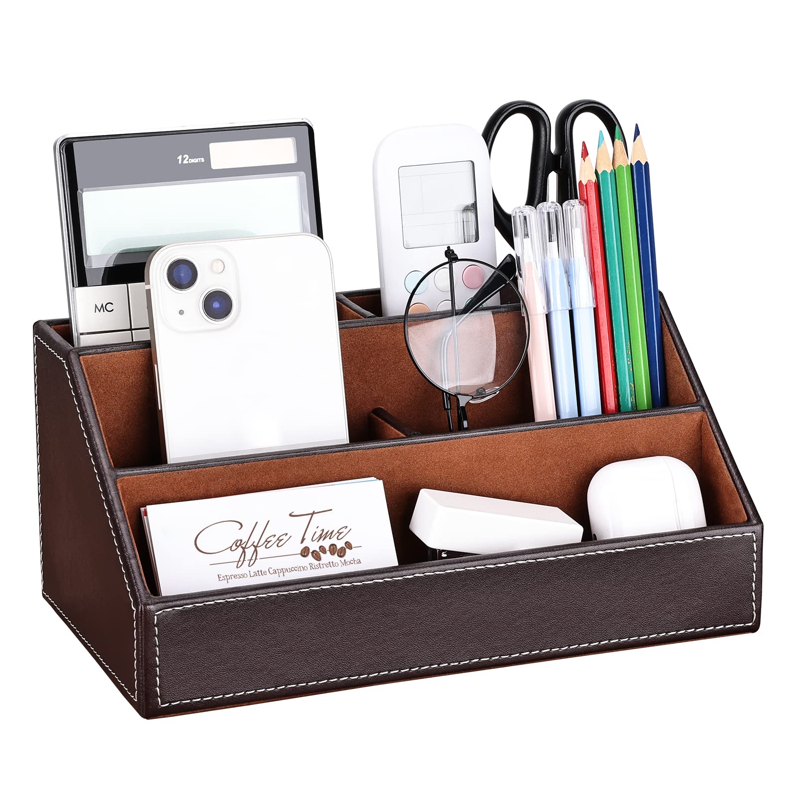 PU Leather Desk Organiser, Pen Holders Desk Tidy Organiser Set, office Pen Pot for Desk (M-Brown)