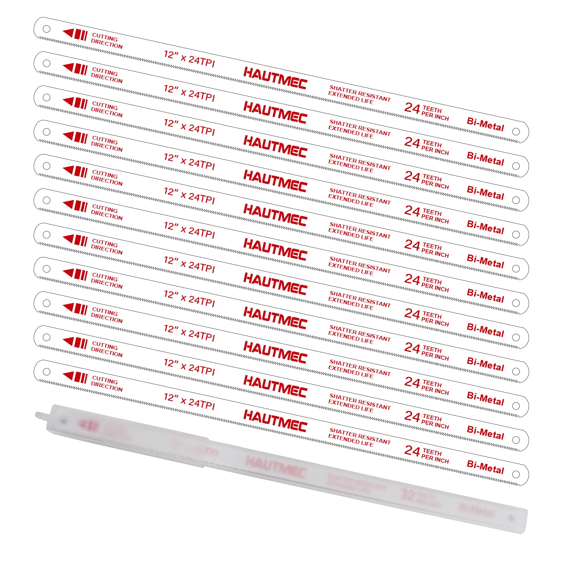 HAUTMEC 300mm Hacksaw Blades 24 TPI – 10 Pack 12" Bi-Metal Replacement Blades with High-Speed Steel Teeth and Spring Steel Body, Professional Grade, Fits Most Hacksaw Frames, HT0017