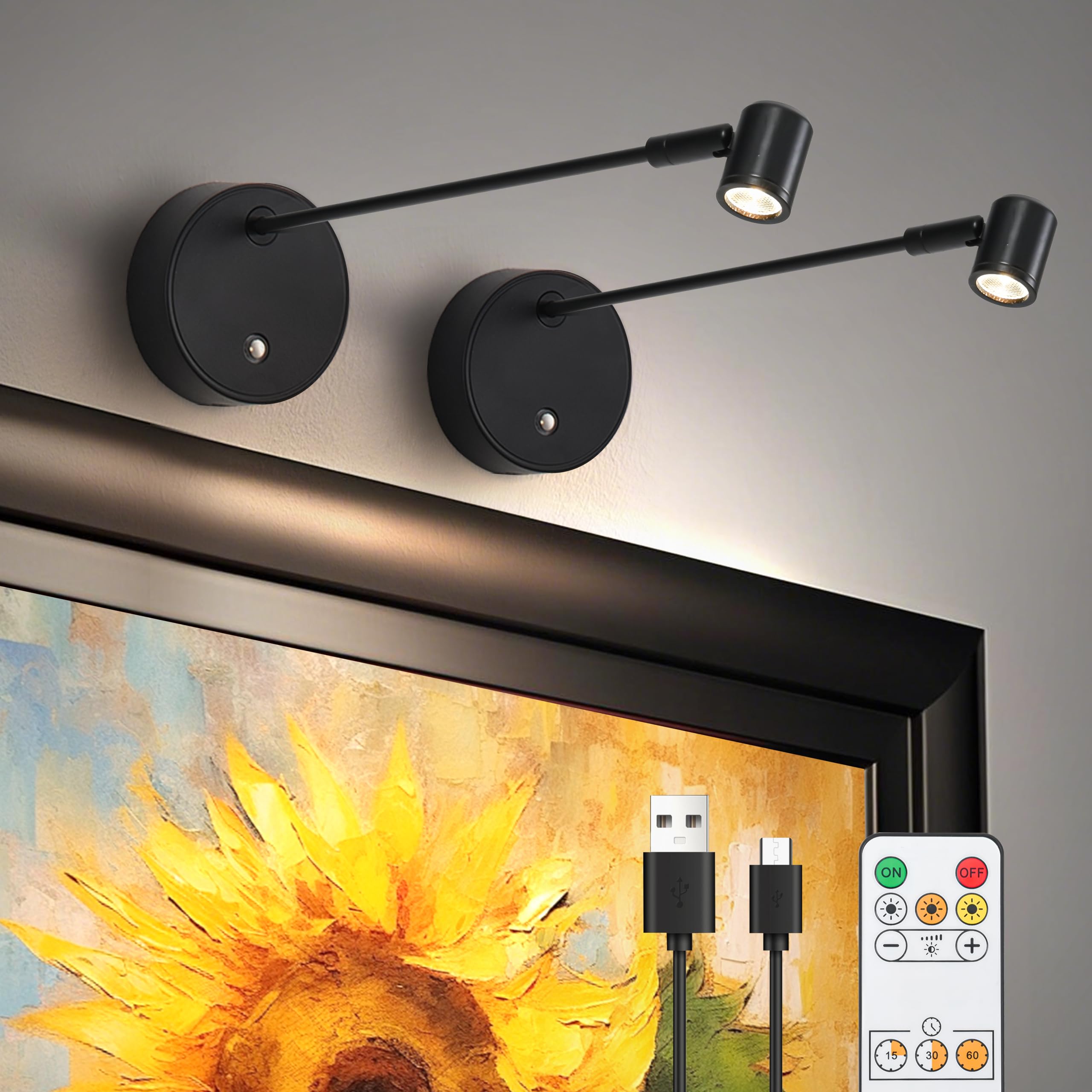 Photo 1 of Lights for Pictures On Wall, Battery Operated Picture Light Rechargeable, Black Led Art Lighting for Paintings Wireless with Remote Magnetic Stick Dimmable and Timer?2 Pack