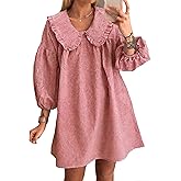 Ynhonra 2026 Women's Babydoll 3/4 Puff Sleeve Plaid Mini Dress Lapel Doll Collar Loose Y2k Dress