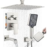 Bathtub Shower Faucet Set with Pressure Balance Valve, 12" Ceiling Mount Shower System with Tub Spout Multi-function Handheld Head Push Button Diverter Shower Trim Kit, Brushed Nickel