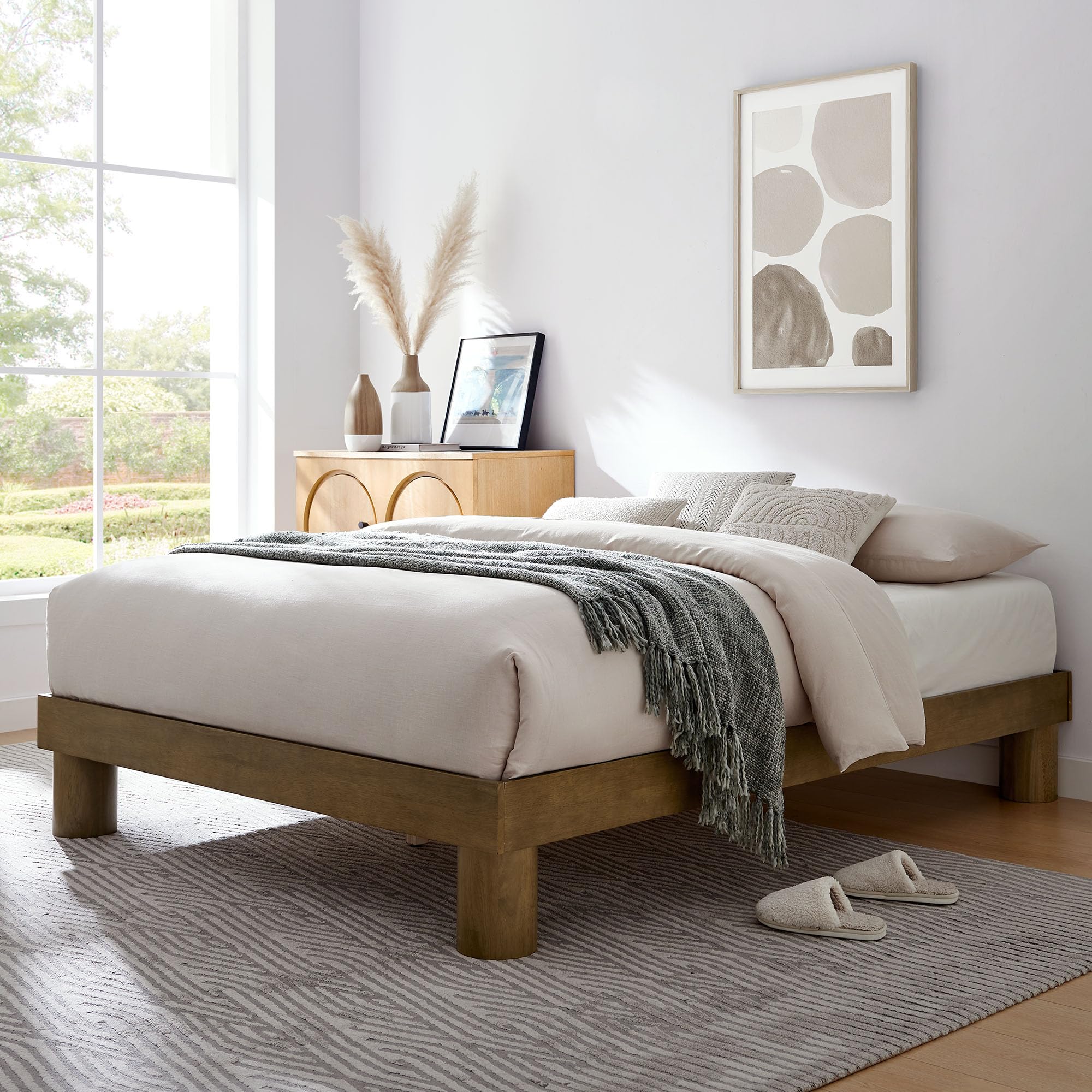 Photo 1 of **MISSIING BED SUPPORTS FROM BED TO FLOOR** Modway Runa Wood King Platform Bed in French Oak - Minimalist King Size Bed Frame with Wood Slat Support - No Box Spring Needed