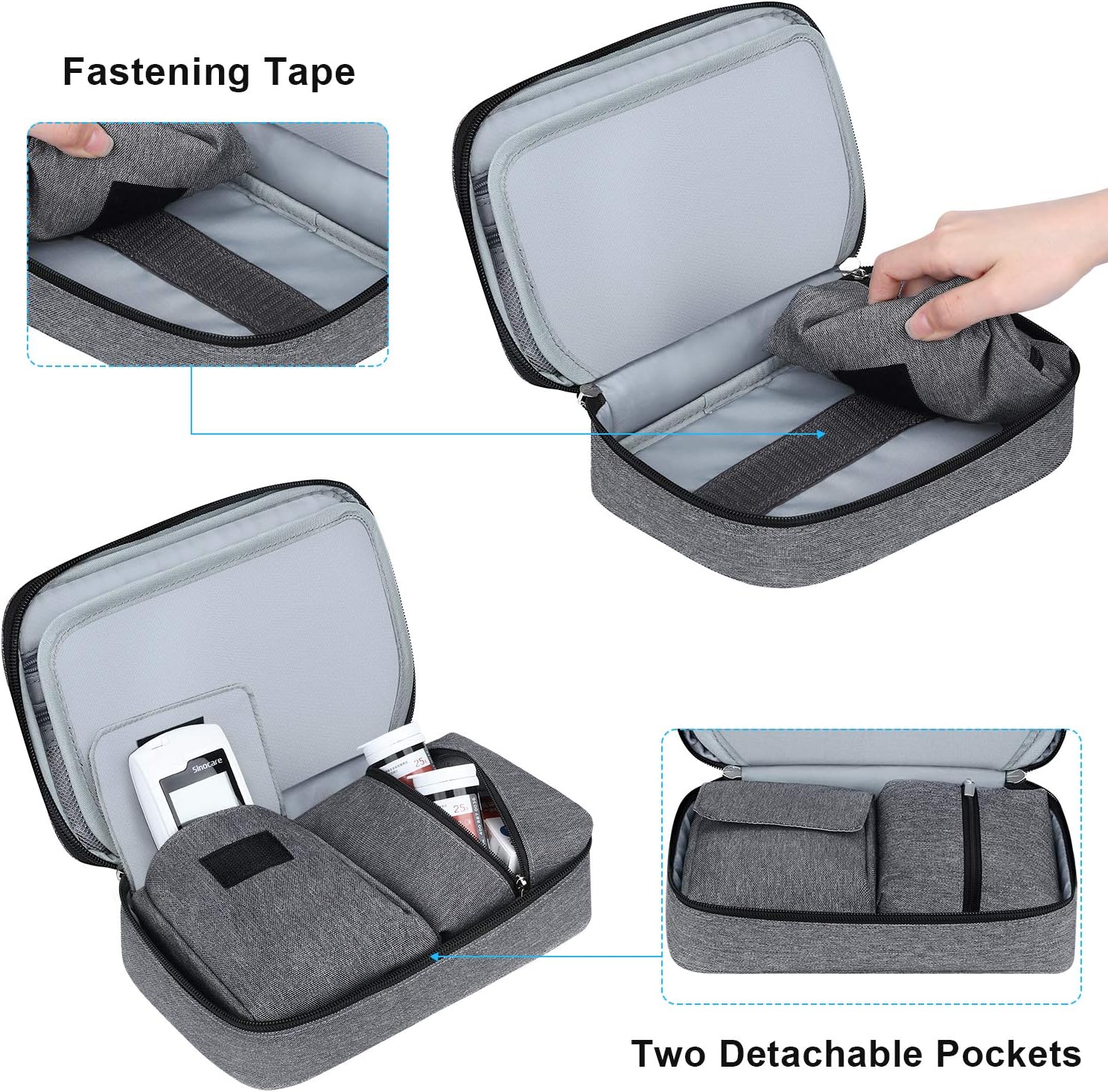 SIMBOOM Insulin Travel Case, Diabetic Storage Case for Glucose Meter Syringes and Other Diabetic Supplies (Bag Only) - Grey - Image 3