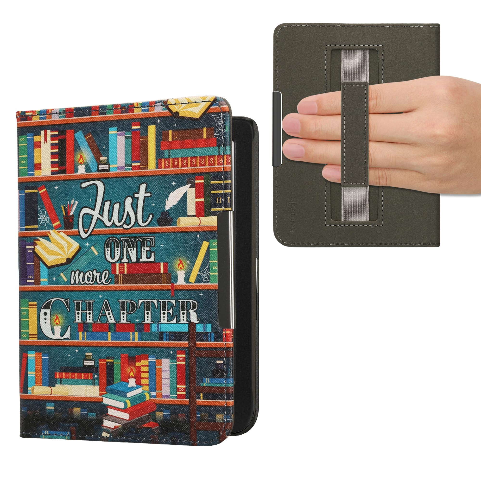 kwmobile Cover for Kobo Clara BW/Colour Case - eReader Cover with hand strap and auto sleep funktion - Library Motto with Multicolor
