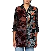 john mark womens Multi Burnout Velvet Button Front Tunic With Roll Tab Sleeves