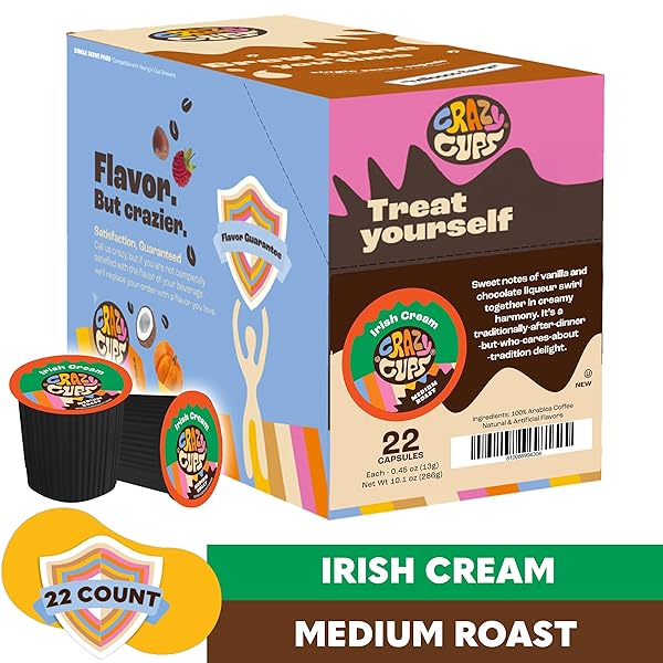 CRAZY CUPS IRISH CREAM COFFEE PODS, FLAVORED COFFEE PODS IN SINGLE SERVE CUPS COMPATIBLE WITH KEURIG K CUPS MACHINE(PACK OF 1, 22 COUNT TOTAL)
