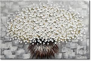 WINPEAK ART Hand Painted Textured White Flower Oil Painting Grey Abstract Wall Art Decor