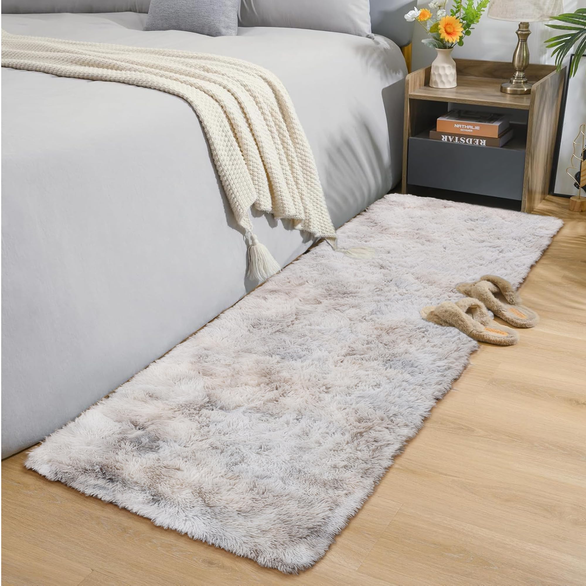 Oxford Homeware Rugs Living Room – Tie-Dye Light Grey Area Rugs for Bedroom, Hallway Runner 60x220 cm Anti Slip – Modern Soft Carpets Fluffy Shaggy Non Shedding Bedside Rug
