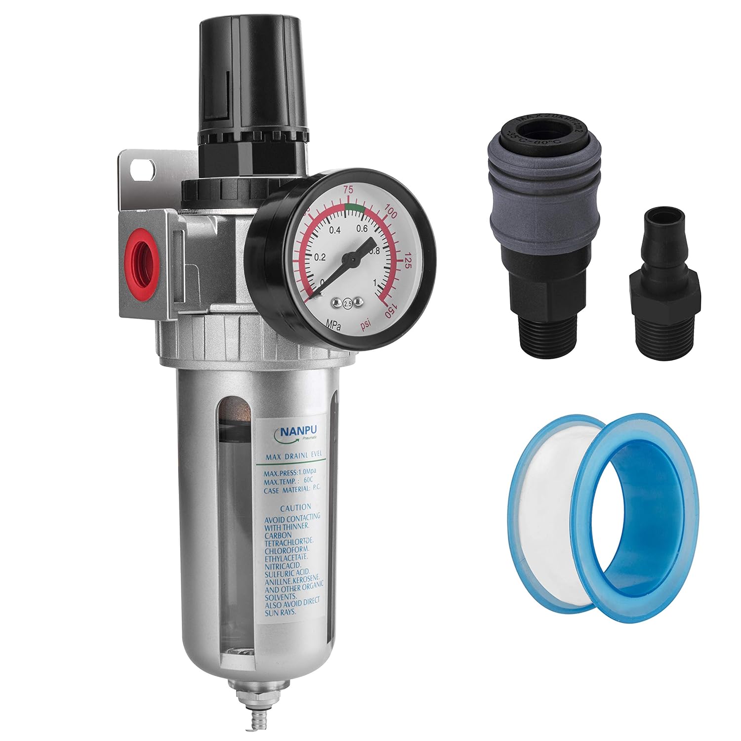 NANPU 1/4″ BSP Compressed Air Filter Regulator Combo, Water Separator w