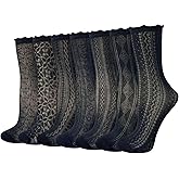 Cityelf 7 Pack Women's Black Ruffle Socks Mesh Lace Cotton Casual Crew Ultra Thin Frilly Ankle Socks