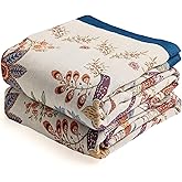 VANJOROY Boho Throw Blanket, 100% Organic Cotton Breathable Skin-Friendly Ultra Soft Bed Quilt Throw - All Season Floral Farmhouse Décor Luxury Blanket for Sofa Couch Chair and Gift. 50" x 60"