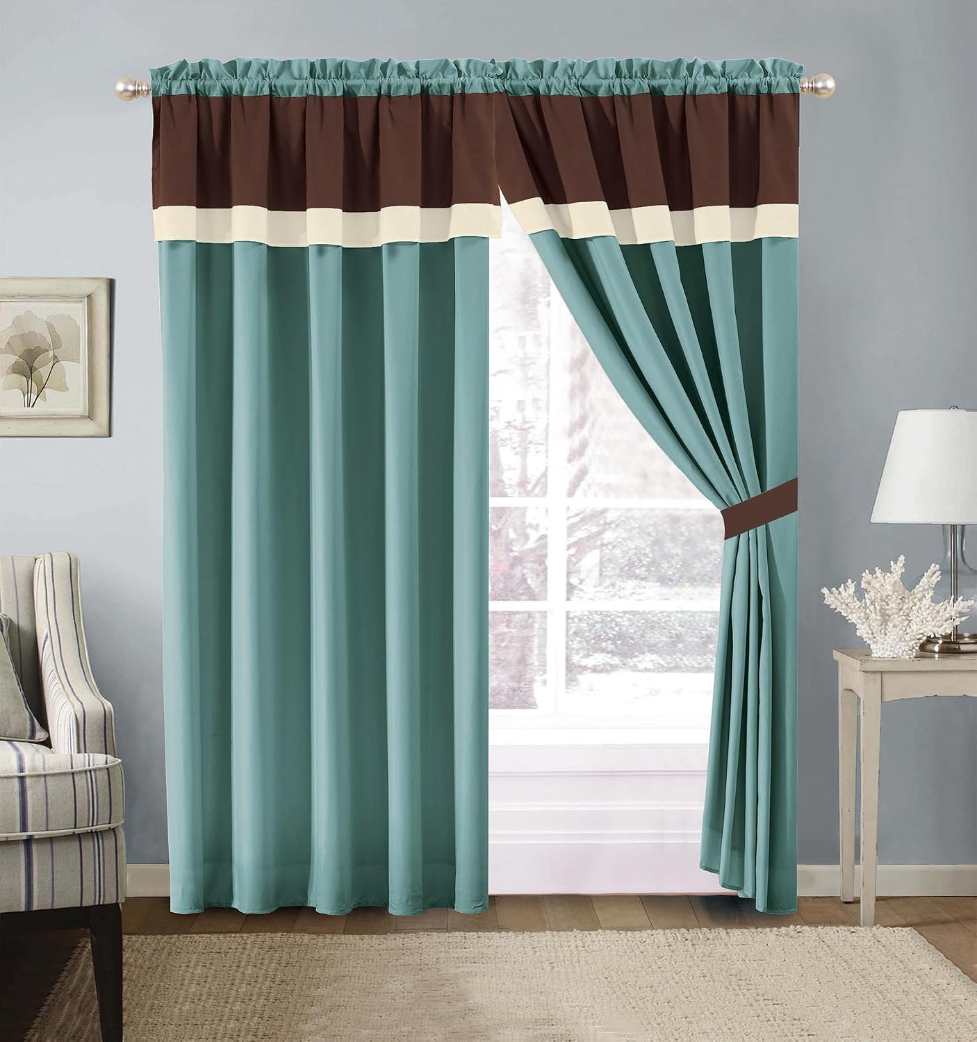 Amazon Com Grand Linen 4 Piece Milan Light Silver Blue Brown Beige Color Block Curtain Set With Attached Valance And Sheers Furniture Decor