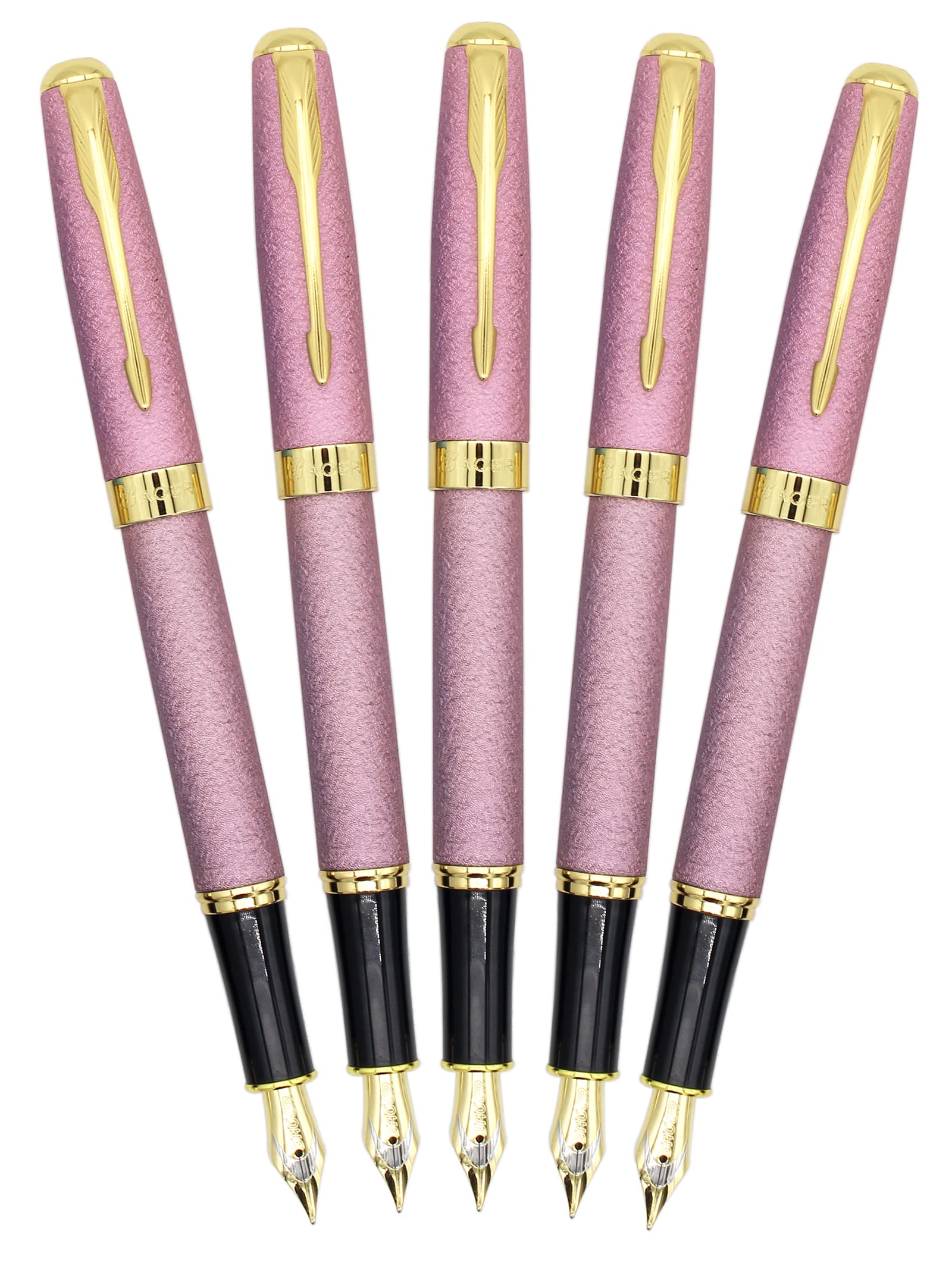 Gullor 5 PCS Classic Metal Fountain Pen B388, Gold Trim, Gift Pens with Converters, Pink