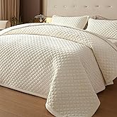 tohrisa Queen Size Velvet Quilt Set, Ultra Soft 3 Pieces Bedding with 2 Pillow Shams, Lightweight All Seasons Reversible Coverlet Bedspread with Plaid Quilting, Cream White 90x96 Inches