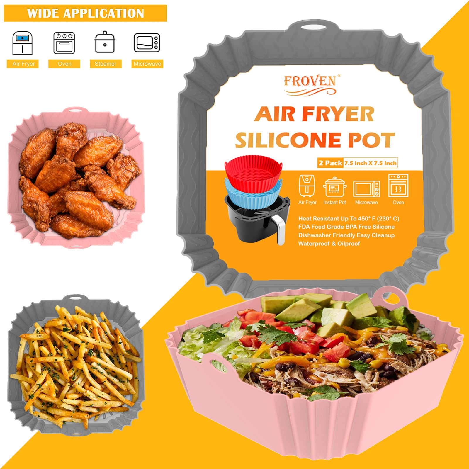 8 Inch Square Silicone Air Fryer Liners (2 Pack) Pink & Grey Reusable Non-Stick Inserts with Handles for Mess-Free Cooking & Heat Resistance – For Airfryer Ninja COSORI Instant Vortex & More