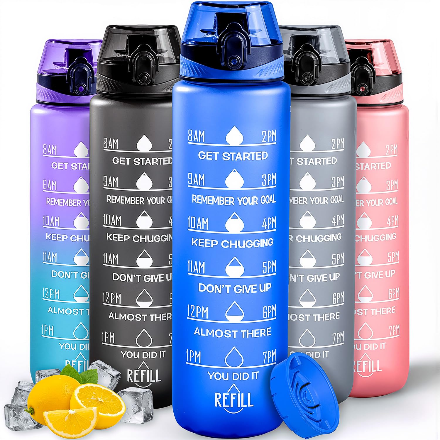 Active 100 Water Bottle 1L Sports Water Bottle with Motivational Time Marker, Dishwasher Safe Leak-proof Drink Bottle BPA Free Non-Toxic for Running,cycling, Gym, School & Office (Blue) — image 1