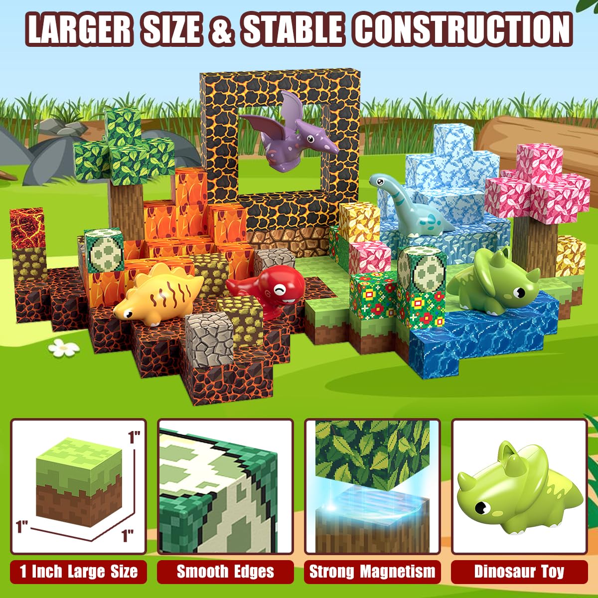 Magnetische Bausteine 205 Stück 2.5CM Dinosaurier Spielzeug Magnetic Building Blocks, Baue 3D Dinosaurier Welt Abenteuer Magnetspiel Kinderspielzeug Geschenke für Jungen Mädchen ab 3 5 6 7 9-12 Jahre 4