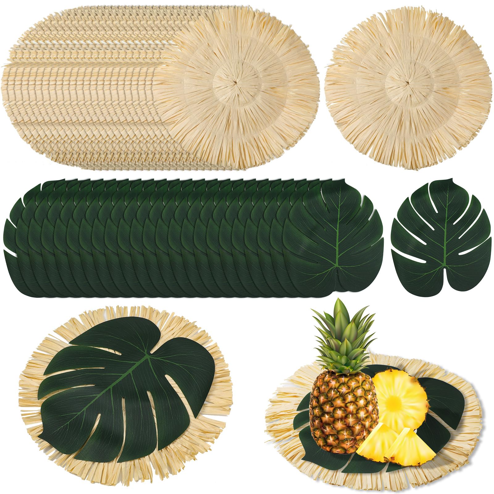Photo 1 of Sunnychicc 48pcs Luau Placemats and Palm Placemat, Round Luau Fringe Place Mats Tropical Palm Leaf Place Mats Bulk Summer Hawaiian Plate Chargers Table Placemats Tropical Party Supplies