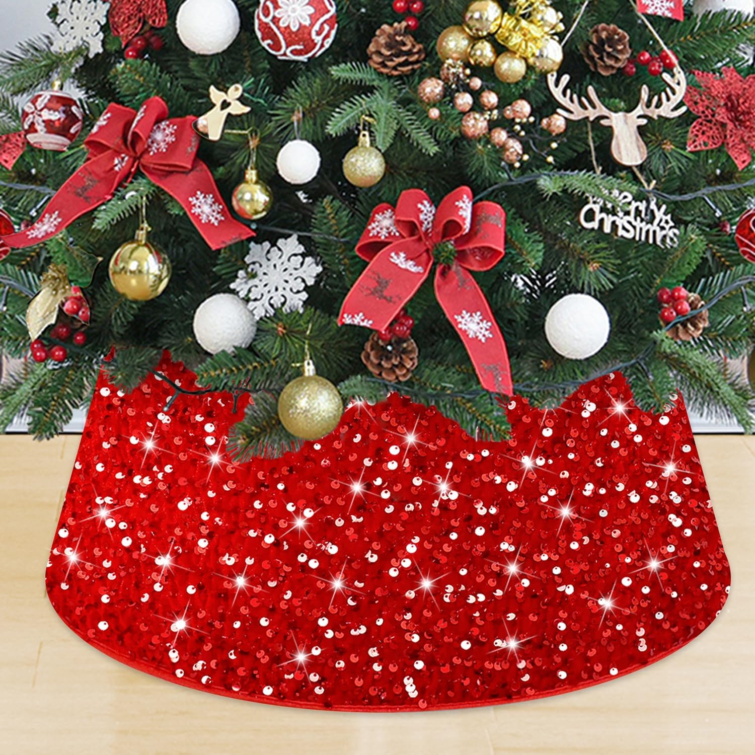 Tree Stands - MODFUNS Red Christmas Tree Collar Glittery Xmas Tree Rings Sequins Christmas Tree Base 24 Inch Velvet Xmas Tree Skirt Personalized Sparkle Tree Stand Collar for Holiday Home Party Christmas Decor