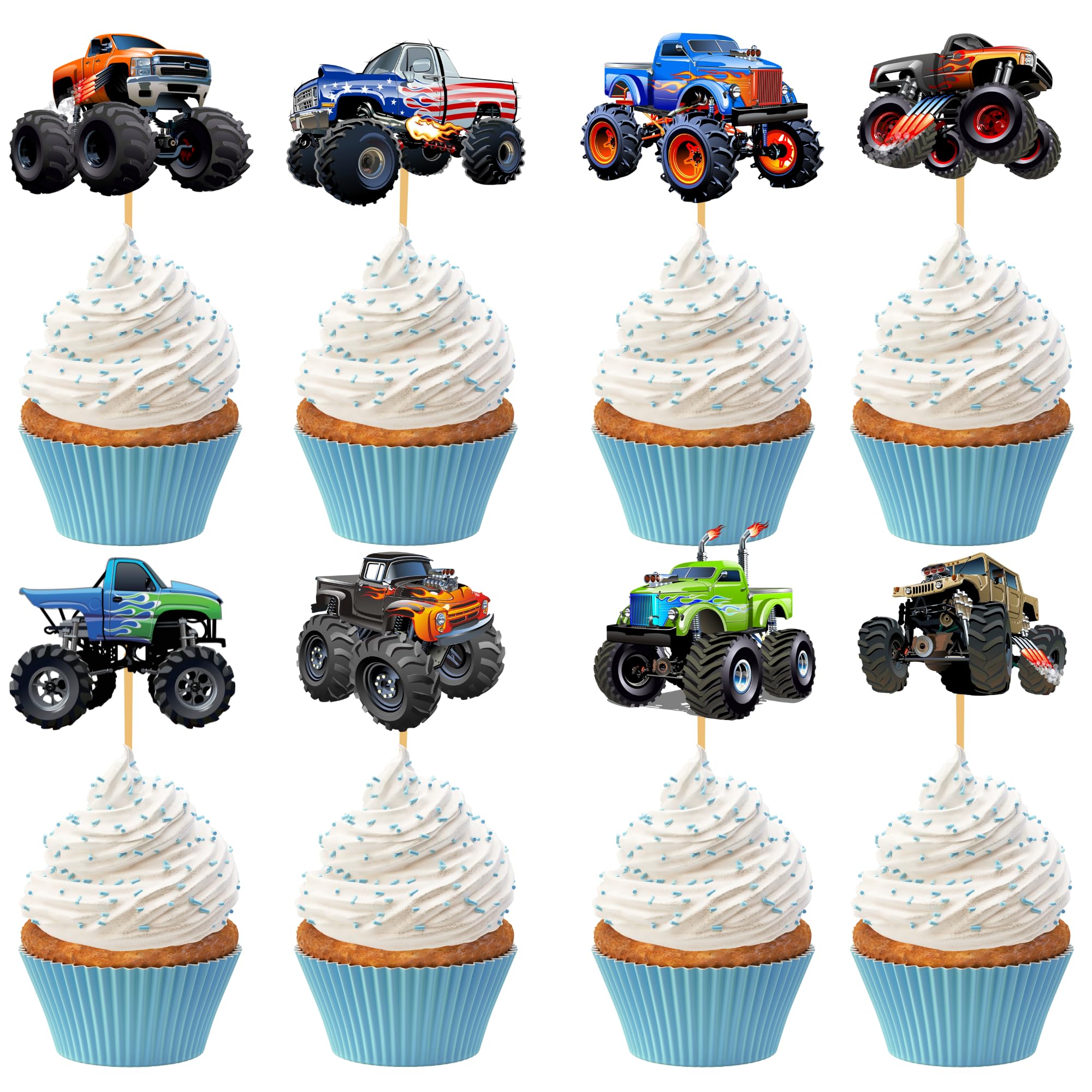 Photo 1 of 24 PCS Monster Truck Cupcake Toppers Truck Car Theme Birthday Party Decorations Baby Shower for Boys Girls Baby Shower Kids Birthday Party Cake Decorations Supplies