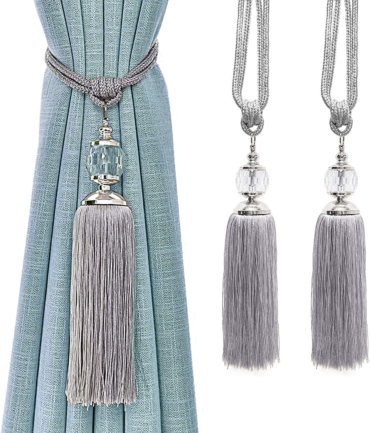 Curtain Tiebacks Rope Tassel TieBacks Curtain Holdbacks Silver for Drapes Decorative Drapery Crystal Holdback Tie Backs Handmade Curtain Holder 2 Pack