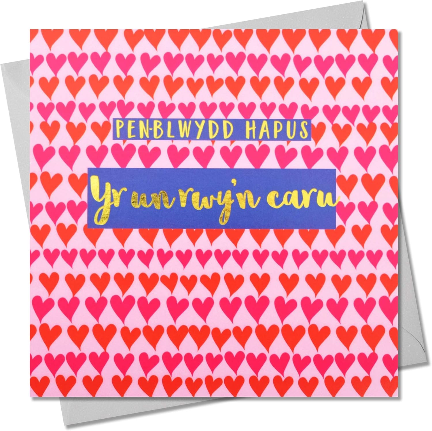 Claire Giles Greeting Cards, Welsh Happy Birthday Card, Penblwydd Hapus, to The One I Love Greeting Card, Text Foiled in Shiny Gold