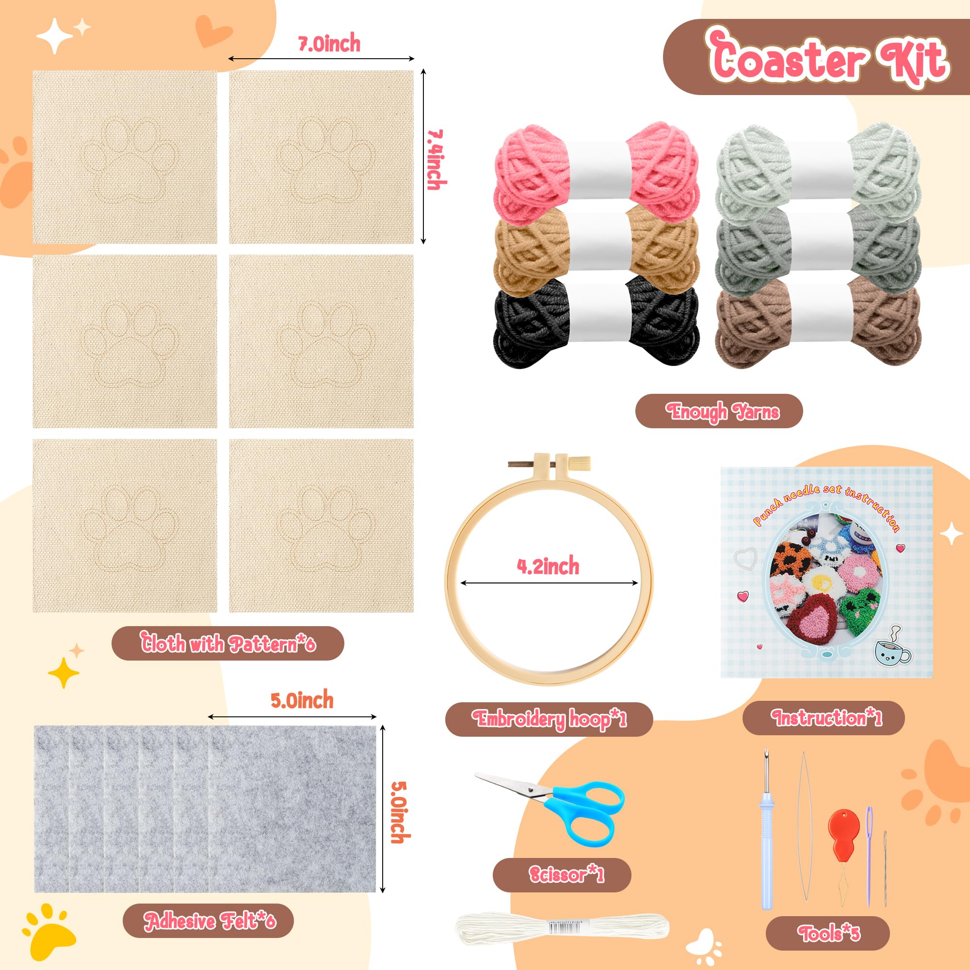 WATINC 22Pcs Craft Punch Needle Coaster Kit, Easy Art Work Decor Coasters Kits for Beginners, 6 Pattern Tufted Rug Pads with Adhesive Felt Yarns Embroidery Hoop Instruction, DIY Needle Punch Craft