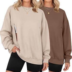 Locoowai 2 Pack Women's Nursing Sweatshirts | Breastfeeding Shirts, Long Sleeve, Hidden Zipper, Crew Neck, Casual, Maternity