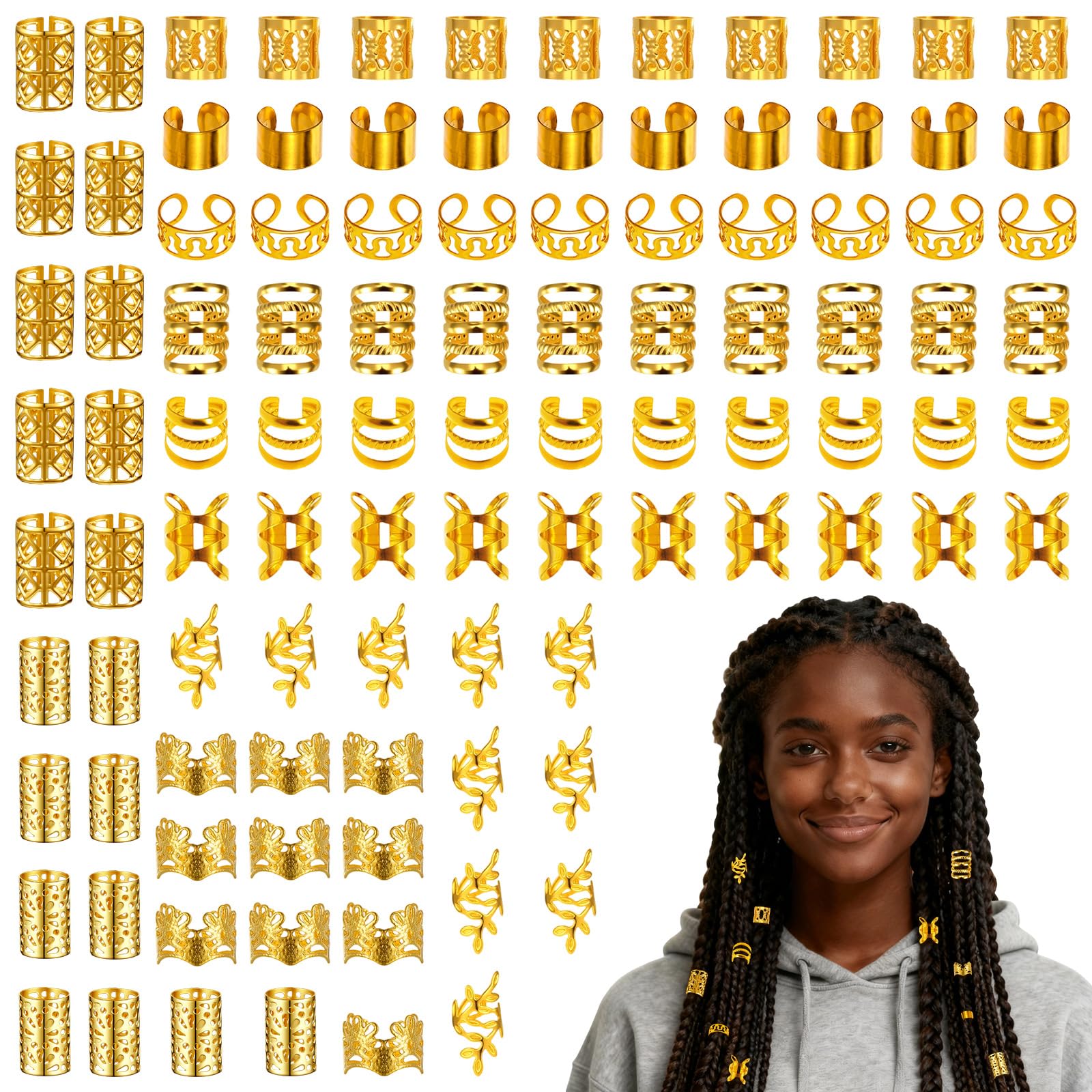 Photo 1 of 100PCS Gold Hair Jewelry for Girls, Metal Hairs Dreadlock Jewelry for Braids Girls Women, Gold Hair Clips Loc Beads Braid Accessories Decorations
