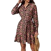 Women's Long Sleeve Button Up Midi Belt Shift Collar Dress with Pockets for Work Office Business